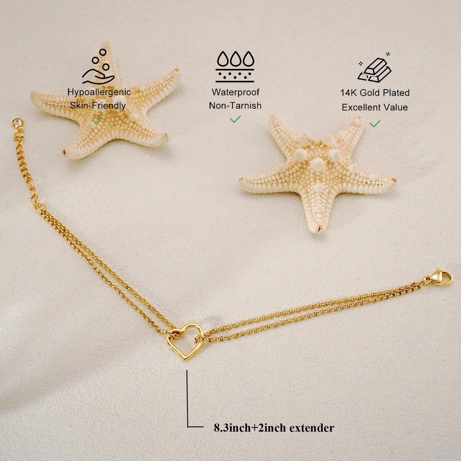 Bheop Bracelets for Women 14K Real Gold Plated Bracelet Dainty Love Heart Charm Pendant Stackable Link Chain Hypoallergenic Body Jewelry Cute Trendy Gifts
