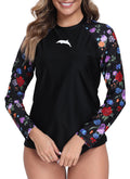 Halcurt Womens Long Sleeve Rash Guard Swim Shirts with Built in Bra UPF50+ Sun Protection Swimsuit Top Black Red Pink Floral M