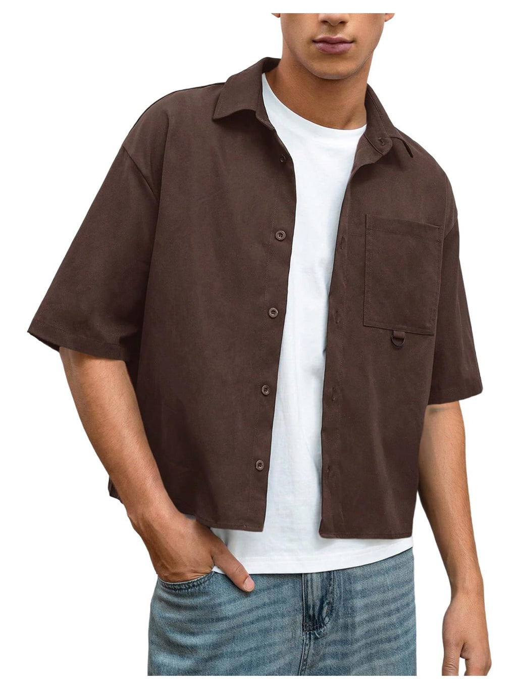 GORGLITTER Men's Cropped Shirt Button Bown Short Sleeve Casual Collar Neck Summer Shirts Crop Top Coffee Brown Small