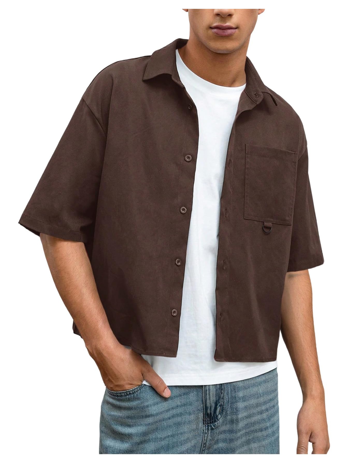 GORGLITTER Men's Cropped Shirt Button Bown Short Sleeve Casual Collar Neck Summer Shirts Crop Top Coffee Brown Small