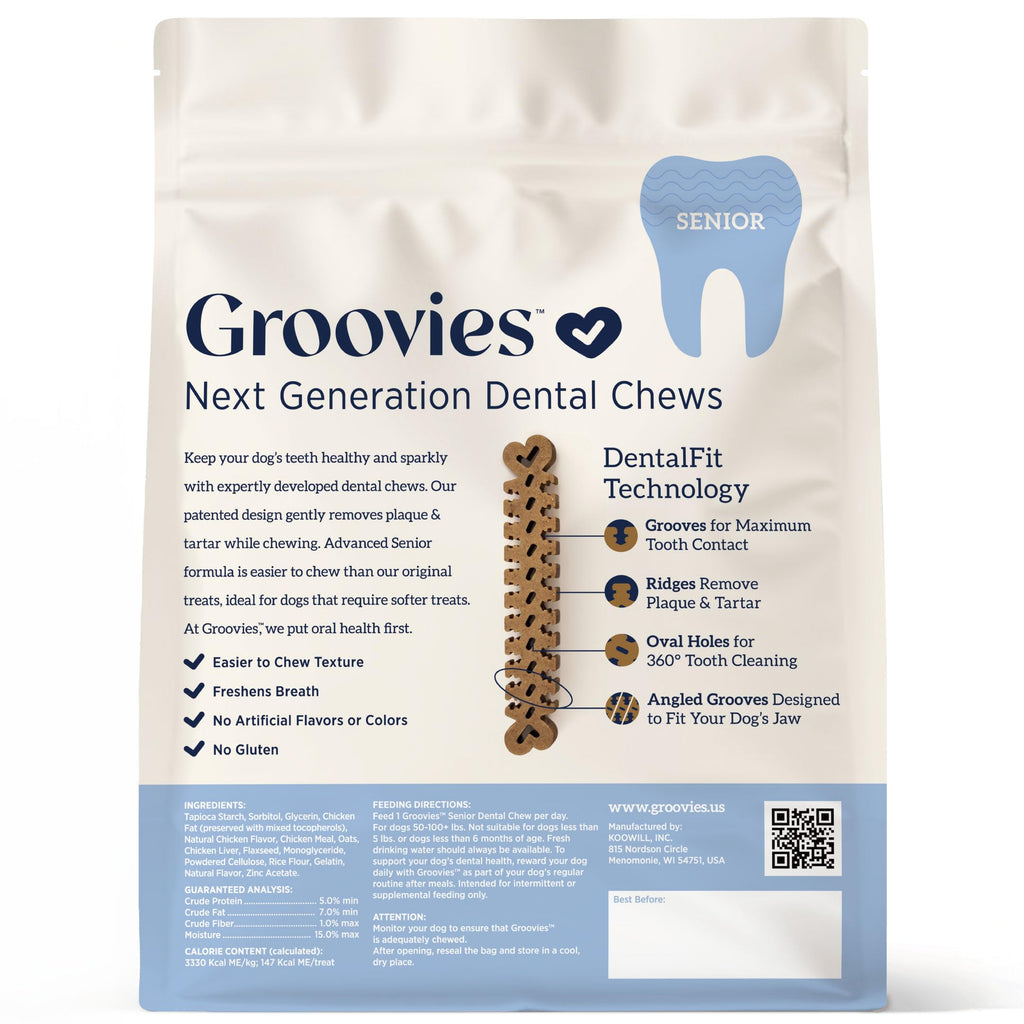Groovies Gentle & Flexible Senior Dog Dental Chews, Contact-Cleaning Design Supporting Tartar Control & Fresh Breath, Oral Care Treats, USA Manufactured, Patented DentalFit Tech, XLarge Dogs, 4 Chews