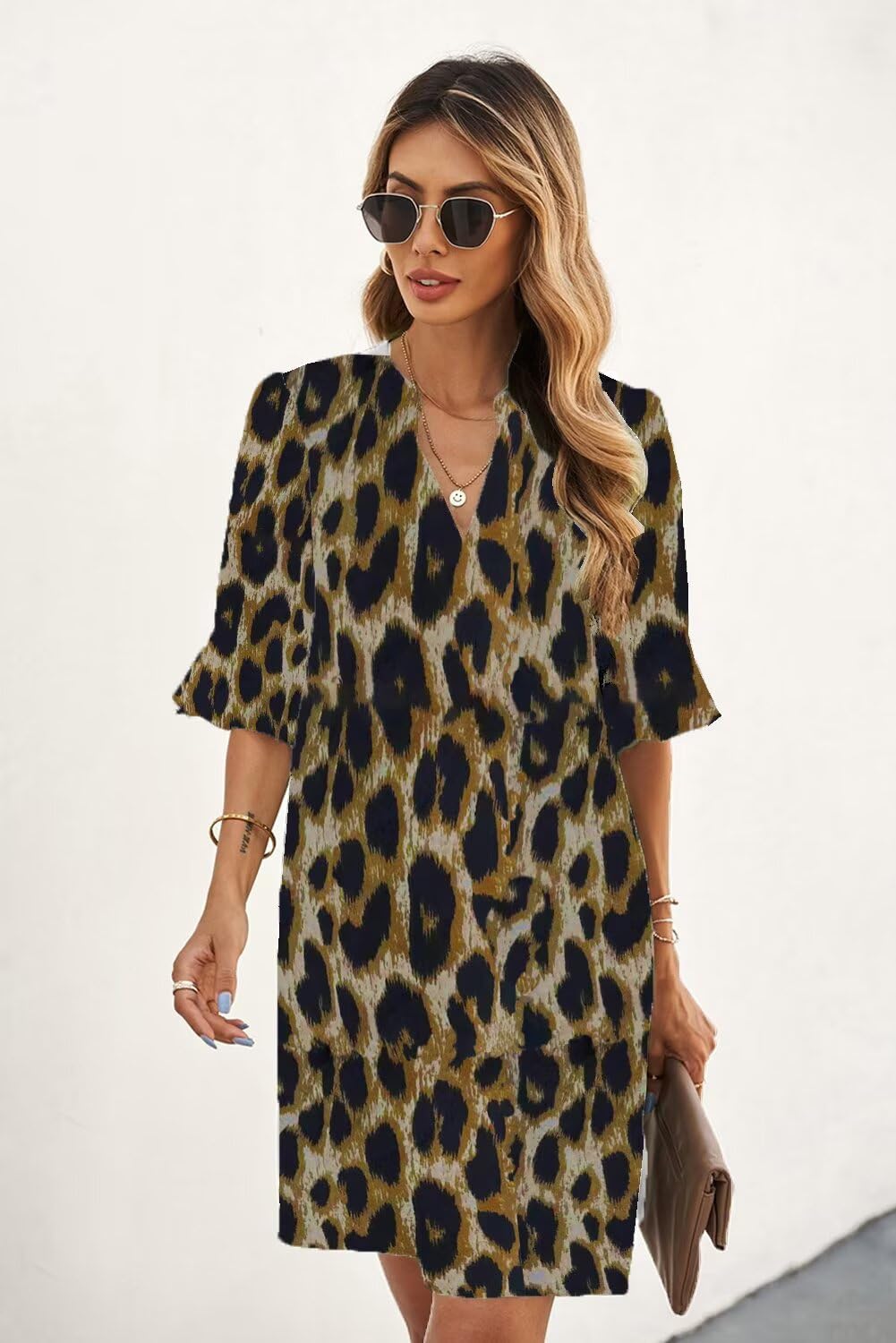 QACOHU Women's Summer Short Sleeve Dresses Ruffled V Neck Lightweight Comfort Sundress Mini Dress Leopard Print L