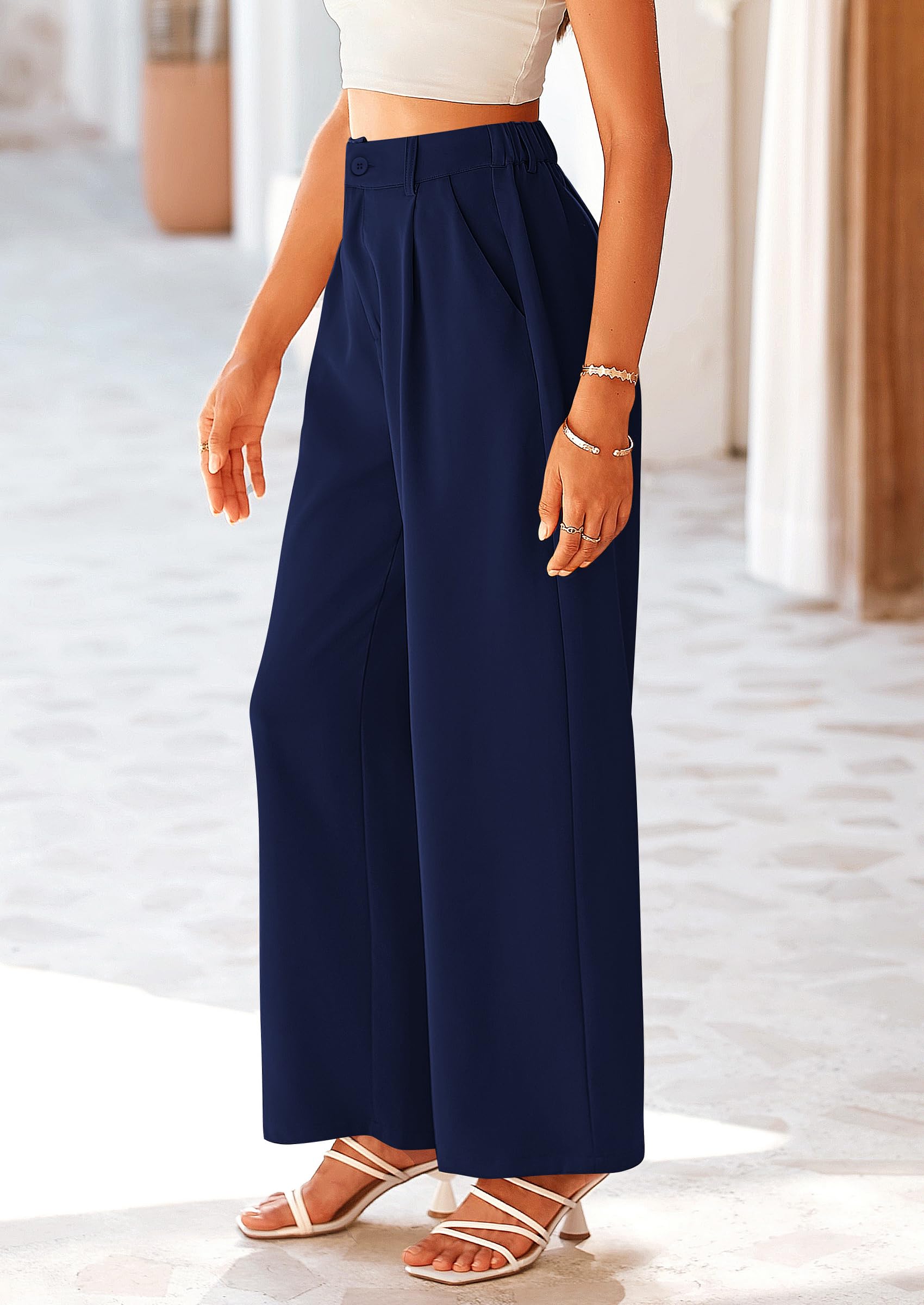 PRETTYGARDEN Wide Leg Pants for Women Trendy 2025 Fall High Waisted Business Casual Outfits Work Pant Trousers (Navy,X-Large)