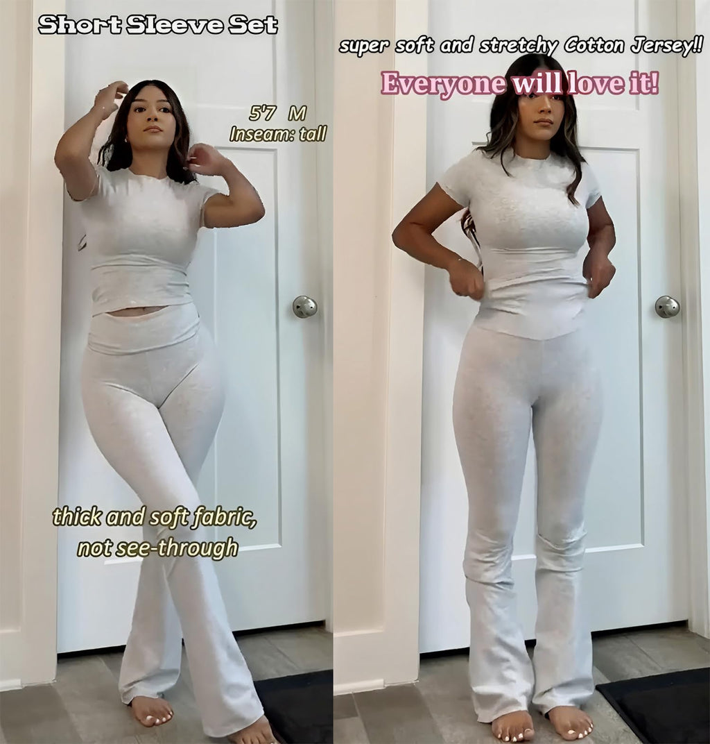 YETOWA Women's 2 Piece Lounge Outfits Slim Short Sleeve Tops Low Rise Flare Leggings Sets Yoga Sweatsuit