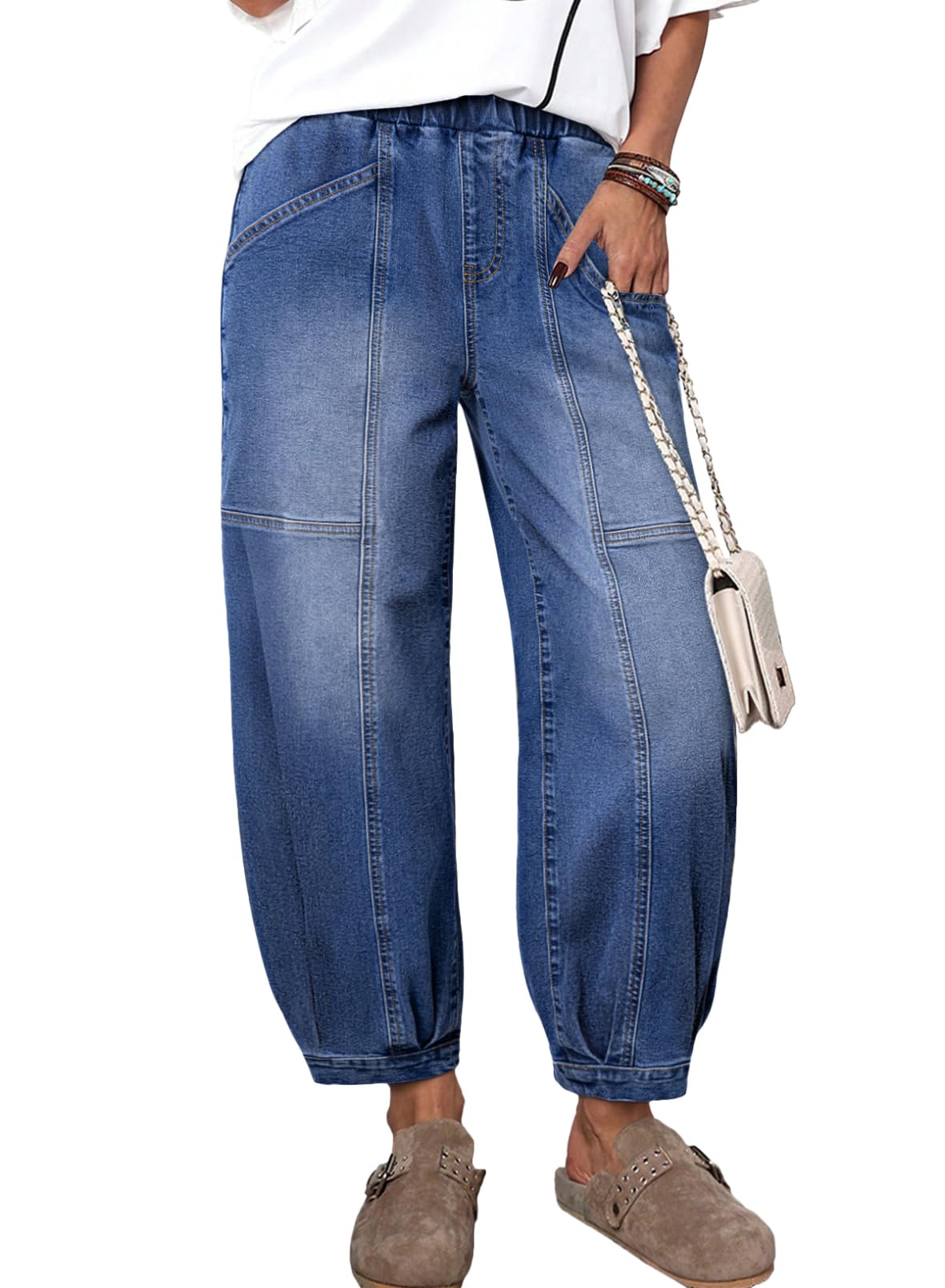 Sidefeel Mid Rise Barrel Jeans for Women Wide Leg Mid Waist Cropped Denim Pants Y2k Baggy Boyfriend Jeans with Pockets Dark Blue Size 14