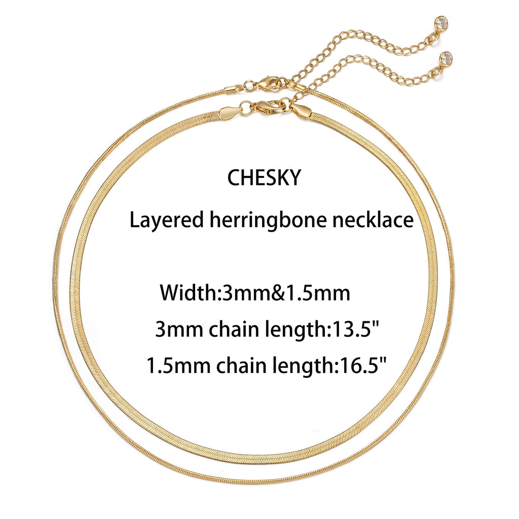 CHESKY 14K Gold/Silver Plated Snake Chain Necklace Herringbone Necklace Gold Choker Necklaces for Women Gifts Jewelry 1.5/3/5MM(W) 14"/16"(L)