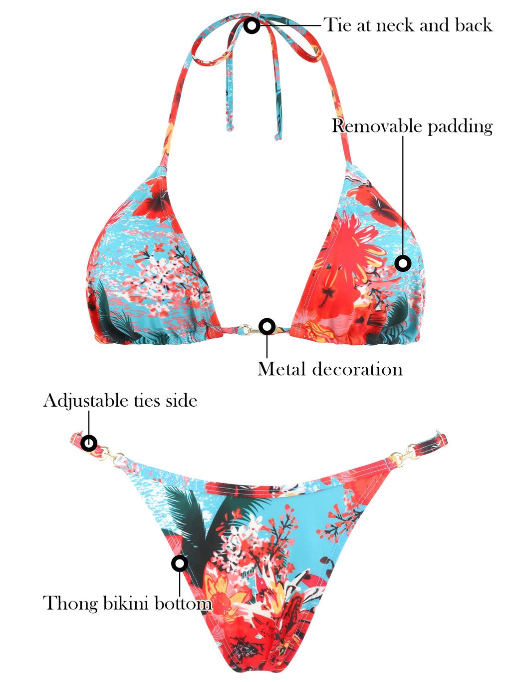 RELLECIGA Women's Thong Bikini Set Triangle Halter Sexy Brazilian Two Piece Swimsuit(Blue Floral,Large