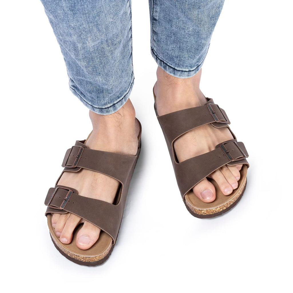 FITORY Mens Leather Insole Sandals with Two Buckles,Open Toe Slides for Indoor and Outdoor Brown Size 10-10.5