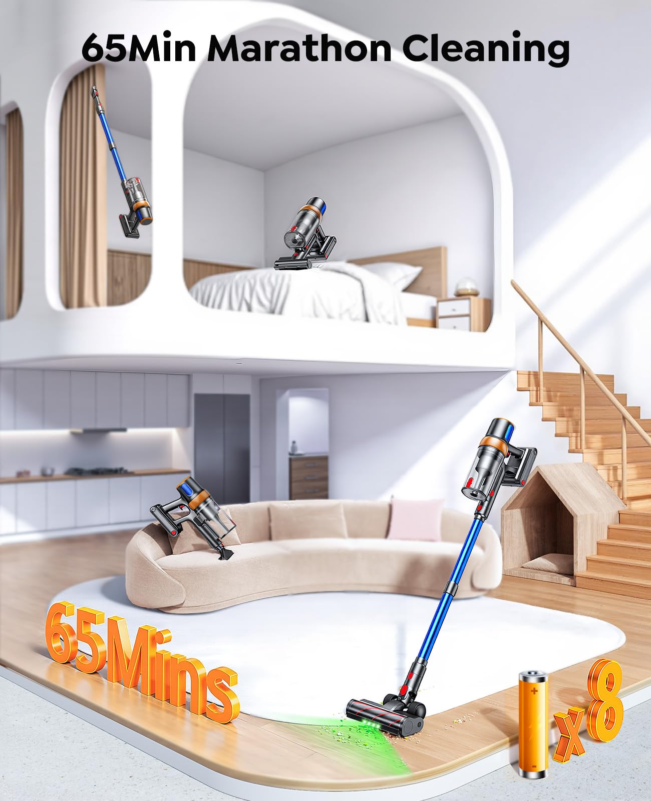 Cordless Vacuum Cleaner, 600W 50KPA 65Mins Vacuum Cleaners for Home, Upgraded Stick Vacuum with Extra Mattress Cleaning Tool, Self-Standing, Anti-Tangled Vacuum Cordless for Pet Hair/Floors/Carpets