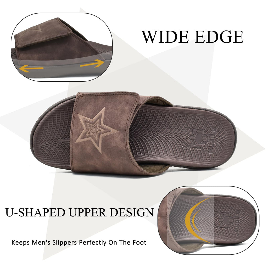 KuaiLu Mens Slides Soft Cushion Sport Sandals with Plantar Fasciitis Arch Support Adjustable Open Toe Summer Slippers Slip on Indoor Outdoor Sandalias Para Hombres, Dark Brown Size 8