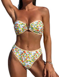 ZAFUL Women's Bandeau Bikini V Strapless Confetti Colorblock Tie Back High Cut Two Piece Swimsuit Bathing Suits (3-Fruit Print, M)