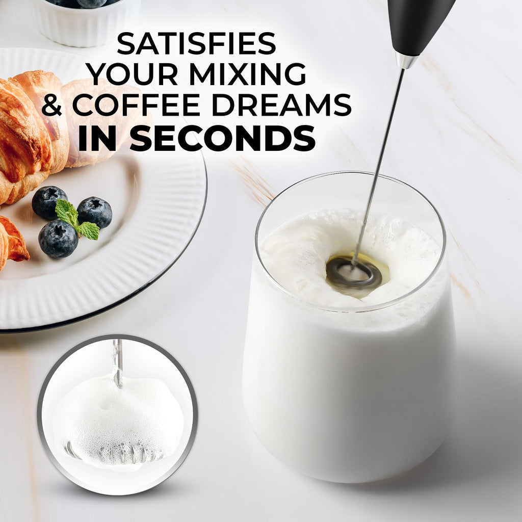 Zulay Kitchen Powerful Milk Frother Wand With 2 Duracell Batteries - Ultra Fast Handheld Drink Mixer - Electric Whisk Foam Maker for Coffee, Lattes, Cappuccino, Matcha, Hot Chocolate & Creamer - Black