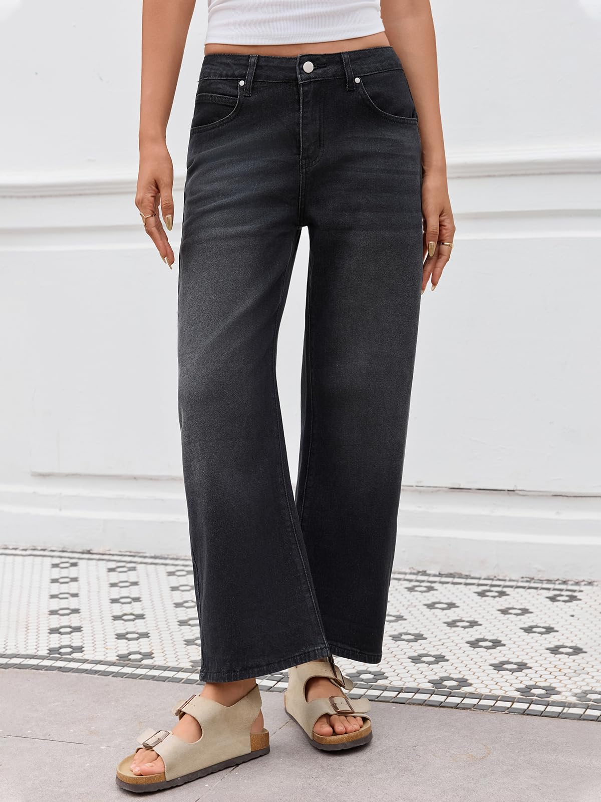 PEIHOT Mid Rised Barrel Jeans for Women Trendy Boyfriend Stretch Wide Leg Cropped Denim Pants with Pockets Black