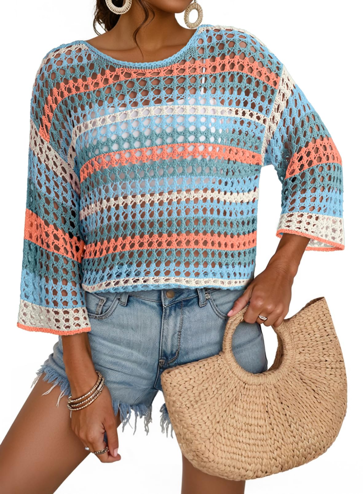Dokotoo Womens Summer 3/4 Sleeve Knit Sweaters Crochet Tops for Women Cute Lightweight Casual Boho Color Block Striped Beach Vacation Clothes Fashion Hollow Out Cruise Outfits Moonlight Jade Large