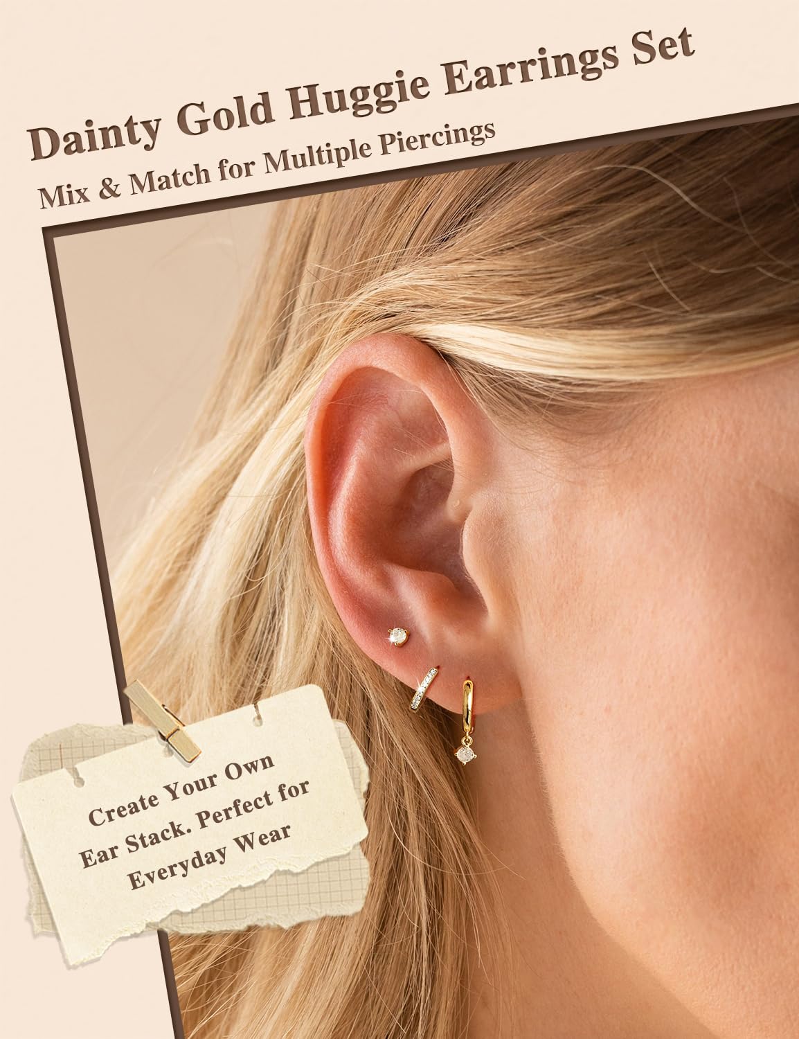 Freekiss Gold Stud Earrings for Women, Dainty Earring Set Simple Tiny 14K Gold Filled CZ Hypoallergenic Huggie Dangle Hoop Earrings Fashion Jewelry for Women Trendy Gifts