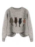 WDIRARA Women's Cat Graphic Sweater Long Sleeve Crew Neck Knit Tops Casual Knitwear Grey Small