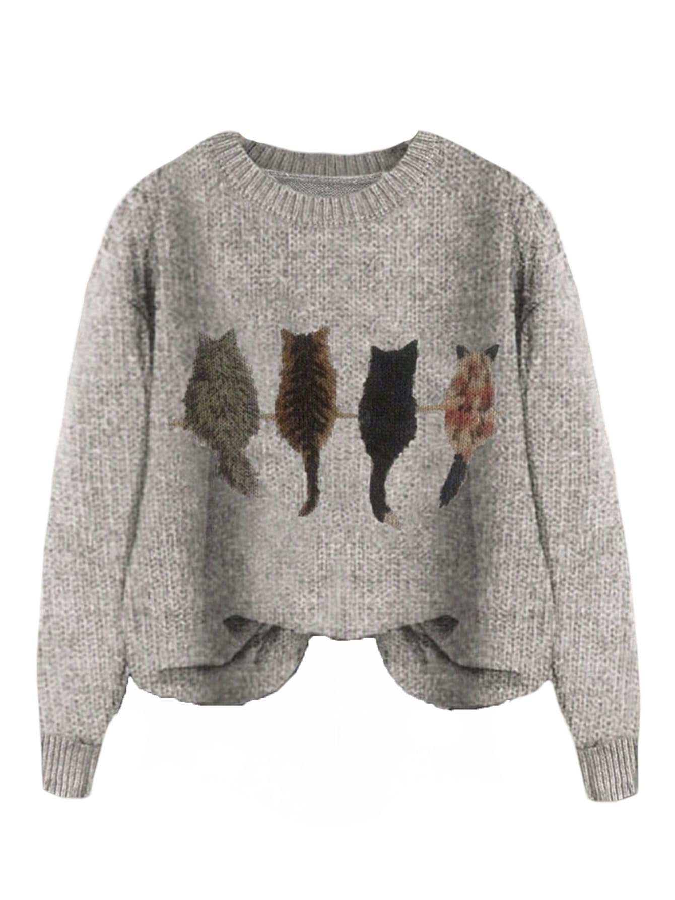 WDIRARA Women's Cat Graphic Sweater Long Sleeve Crew Neck Knit Tops Casual Knitwear Grey Small