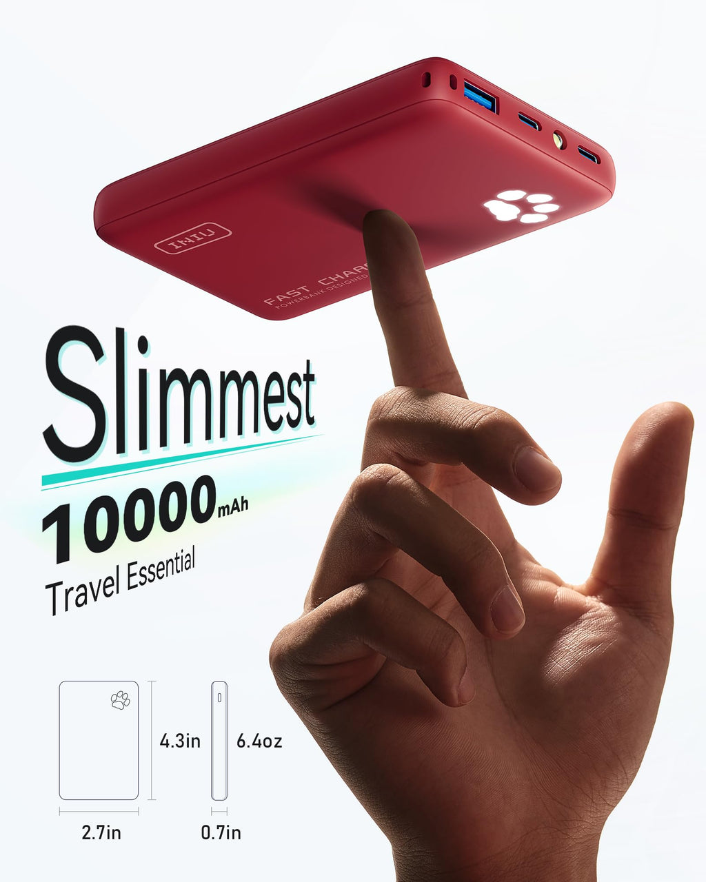 INIU 45W Fast Charging Portable Charger, 40% Smaller 10000mAh with Detachable Cable, Flight-Safe Travel Power Bank, USB C External Phone Battery Pack for Long Flight, Vacation, Cruise, Teens, Red