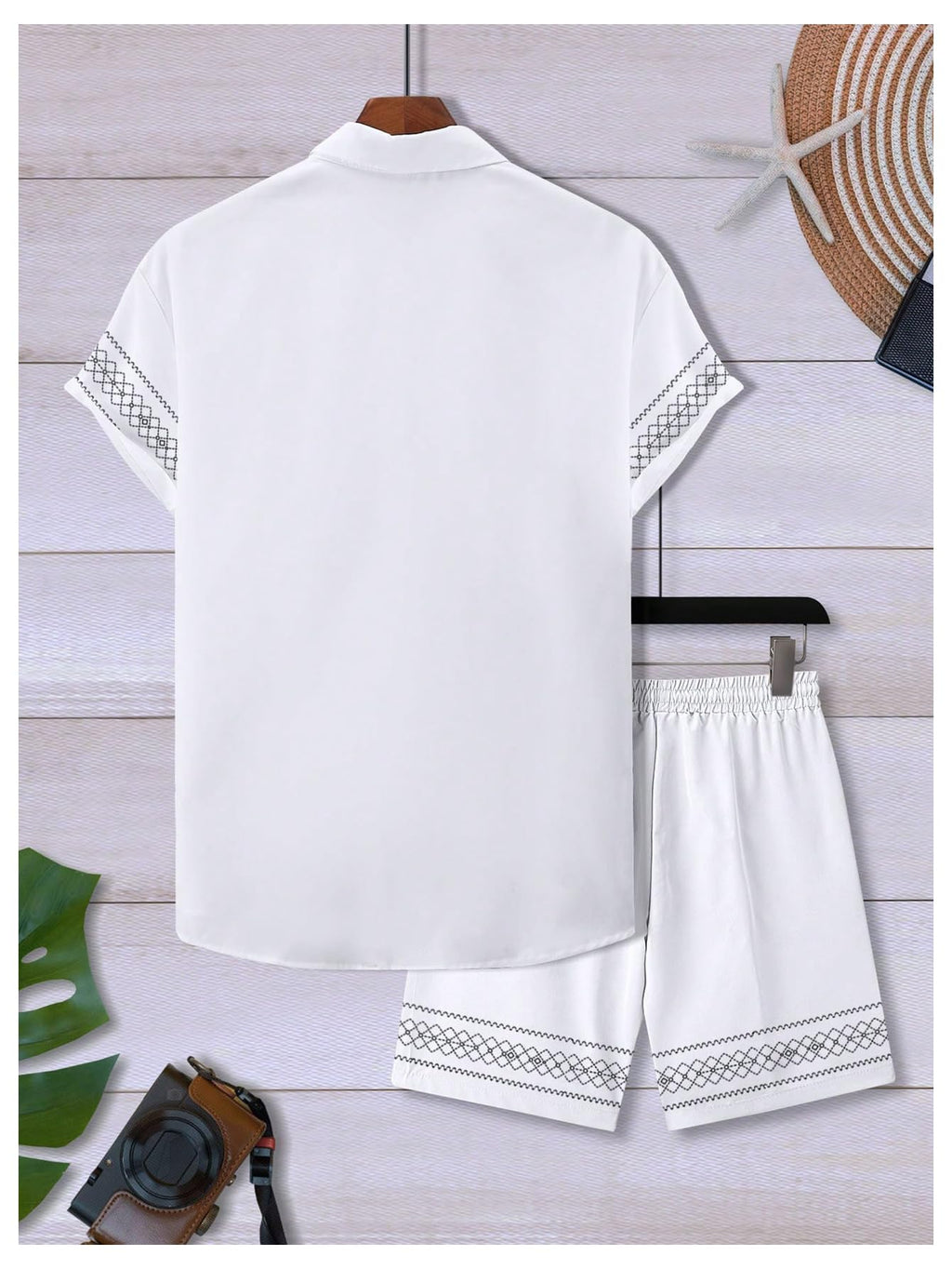 WDIRARA Men's 2 Piece Outfits Geometric Print Button Down Short Sleeve Shirt Shorts Set Vacation Outfits White Large