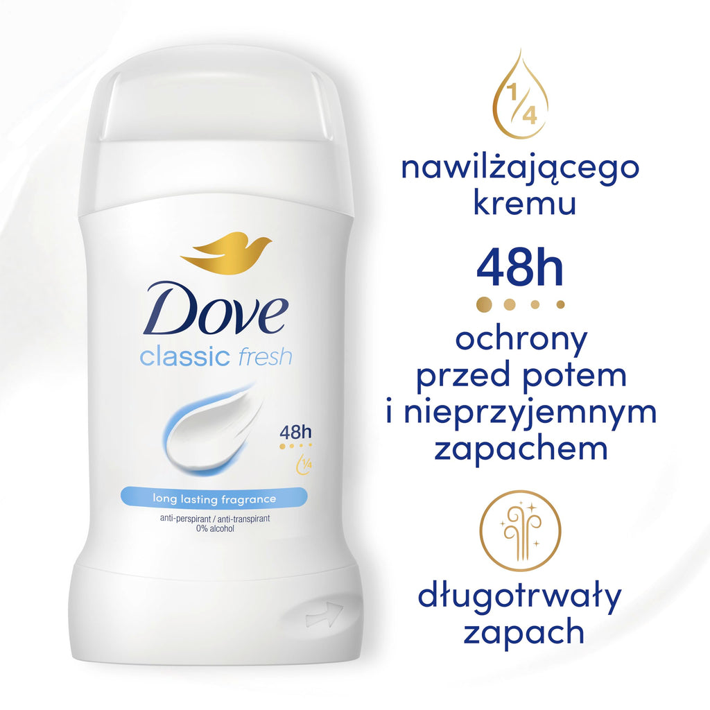 Dove Classic Fresh Anti-Perspirant Cream Women's Deodorant Stick with ¼ moisturising cream for 48 hour sweat protection and long-lasting fragrance 50 ml