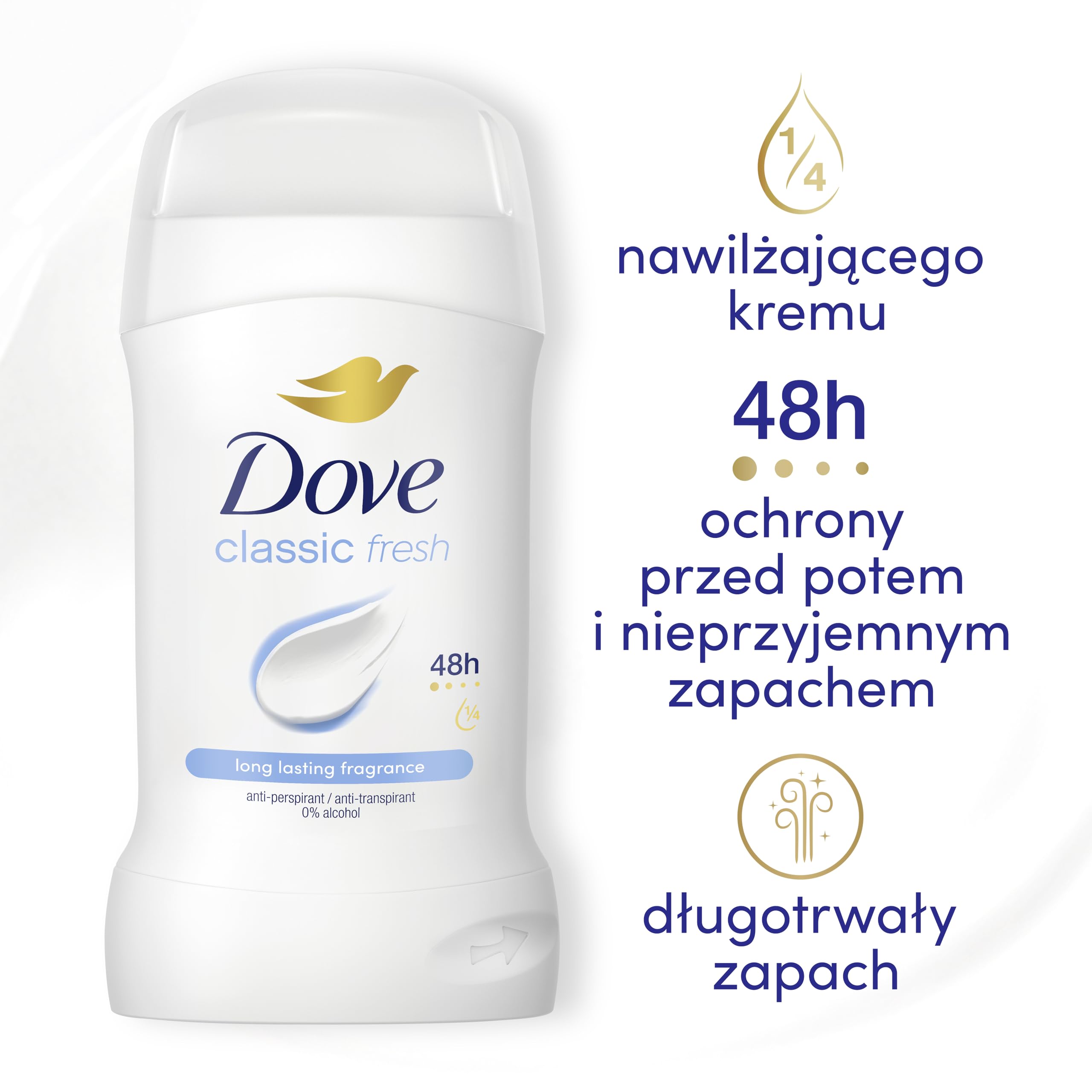 Dove Classic Fresh Anti-Perspirant Cream Women's Deodorant Stick with ¼ moisturising cream for 48 hour sweat protection and long-lasting fragrance 50 ml