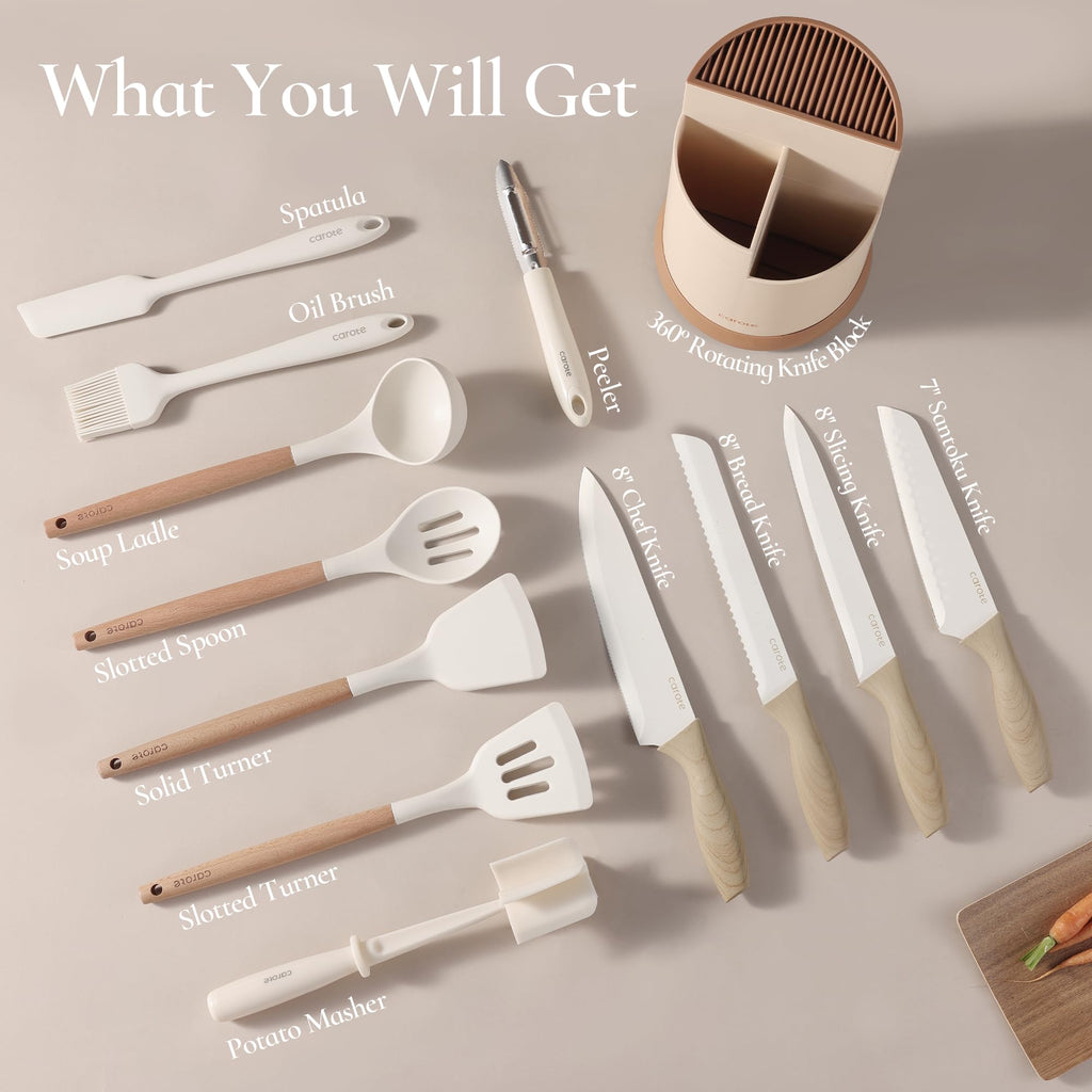 CAROTE 13Pcs Kitchen Utensils Set with 360 Rotating Knife Block, Heat Resistant Cooking Utensils with Wooden Handle, Nonstick Ceramic Surface, Cream White