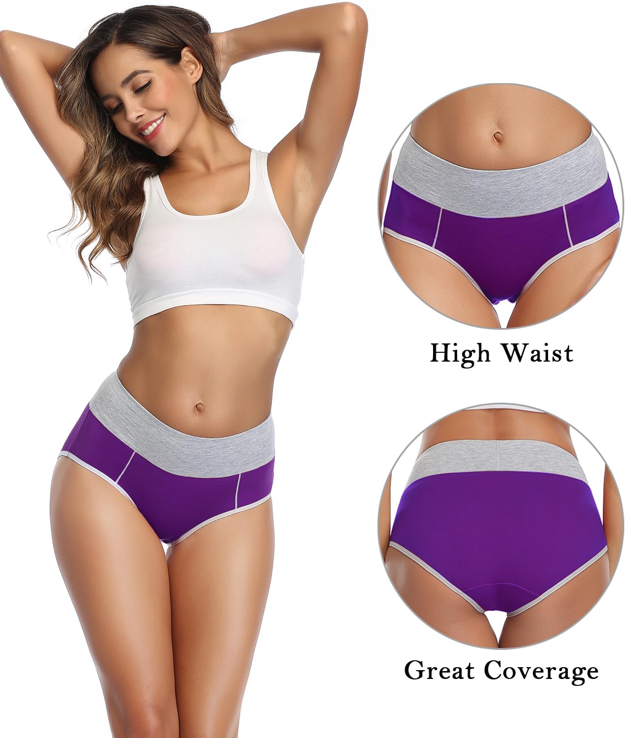 wirarpa Women's Cotton Underwear High Waist Stretch Briefs Soft Underpants Ladies Full Coverage Panties 5 Pack Black Purple White Navy Red Medium