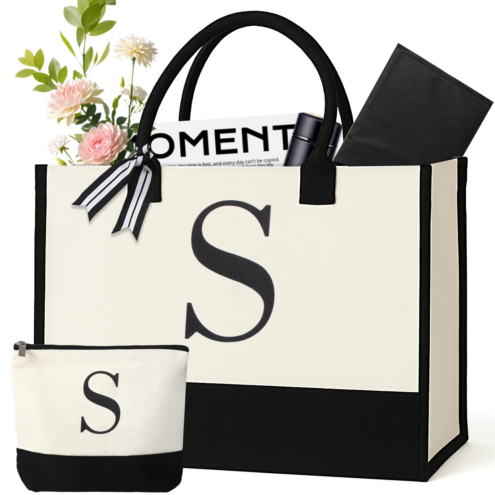 GENGBIN Personalized Canvas Tote Bag, Monogrammed Gift with Zipper Pouch for Women (S - with Cardboard Insert)