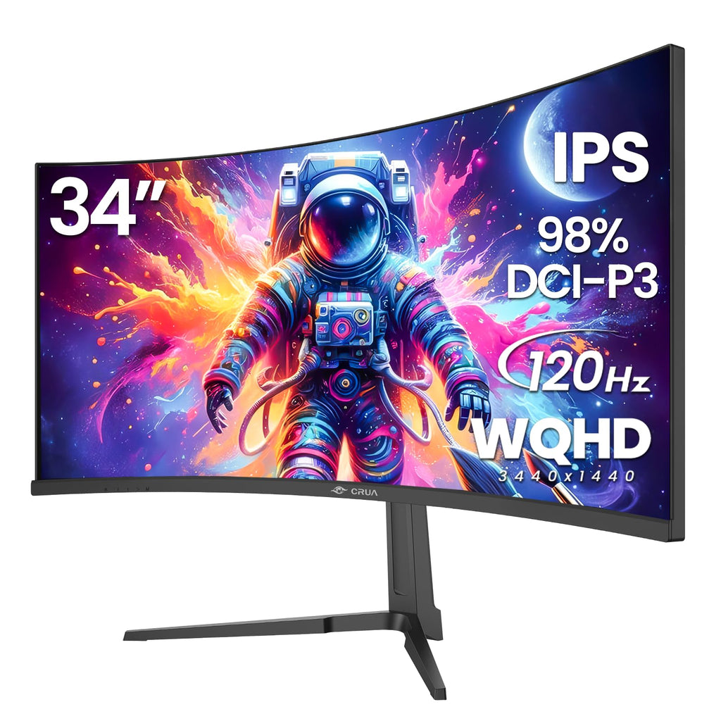 CRUA 34" Curved Gaming Monitor, IPS WQHD(3440x1440P) 120Hz 1900R 21:9 UltraWide PC Display, 130% sRGB, AMD FreeSync, Blue Light Filter, HDMI/DP Ports, Wall Mountable Installs– Black