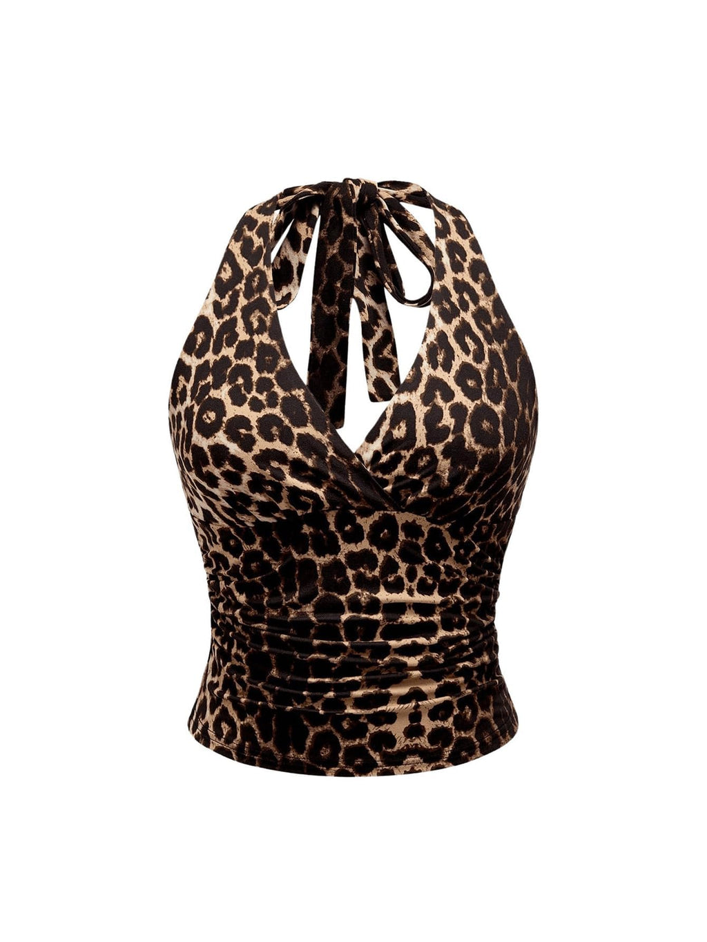 WDIRARA Women's Leopard Print Ruched Halter Crop Tops V Neck Tie Back Sleeveless Slim Fit Cami Tops Multicolor Leopard Large