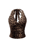 WDIRARA Women's Leopard Print Ruched Halter Crop Tops V Neck Tie Back Sleeveless Slim Fit Cami Tops Multicolor Leopard Large