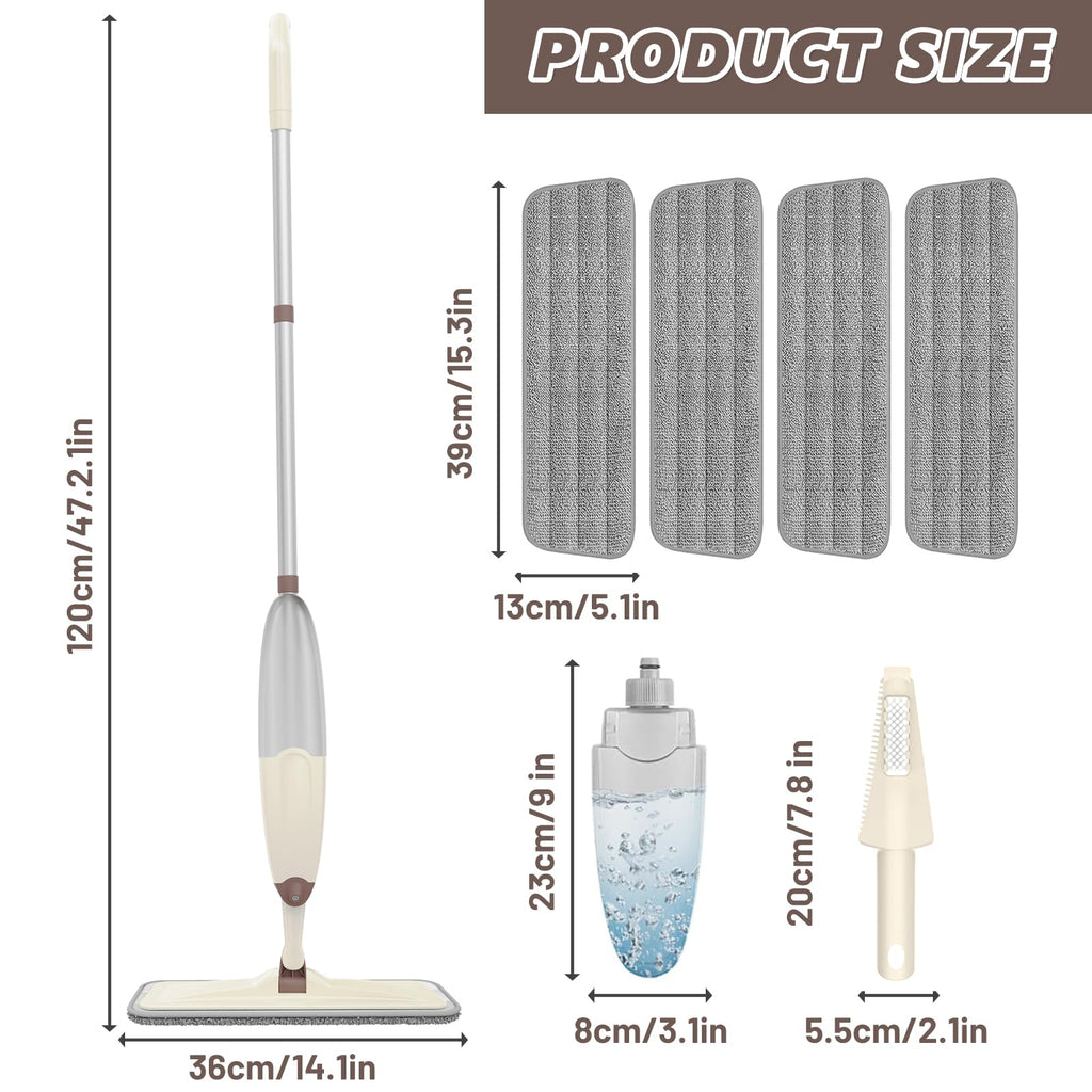 HOMTOYOU Wet Mop for Floor Cleaning: Microfiber Spray Mop with 4 Washable Pads for Cleaning Home Kitchen Multi-Surface Floors - 1Pcs 400+ML Refillable Bottle