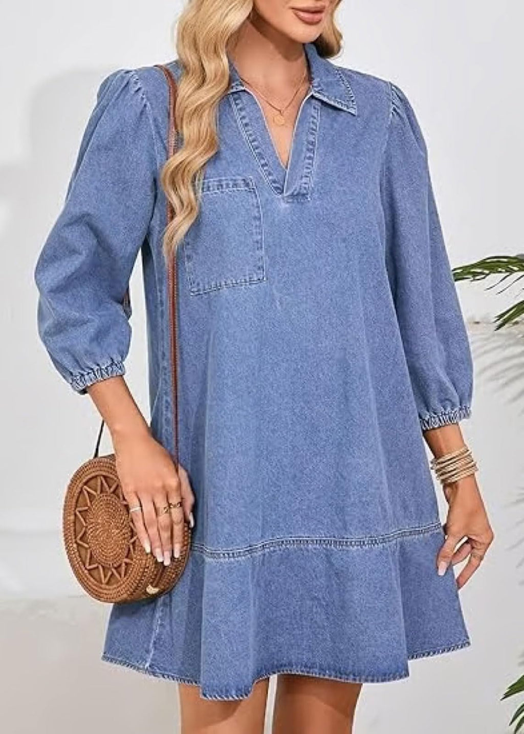 CHARTOU Women 3/4 Sleeve Ruffle Denim Dress Summer Collared V Neck Loose Shirt Jean Dress with Pockets (Large, Light Blue)