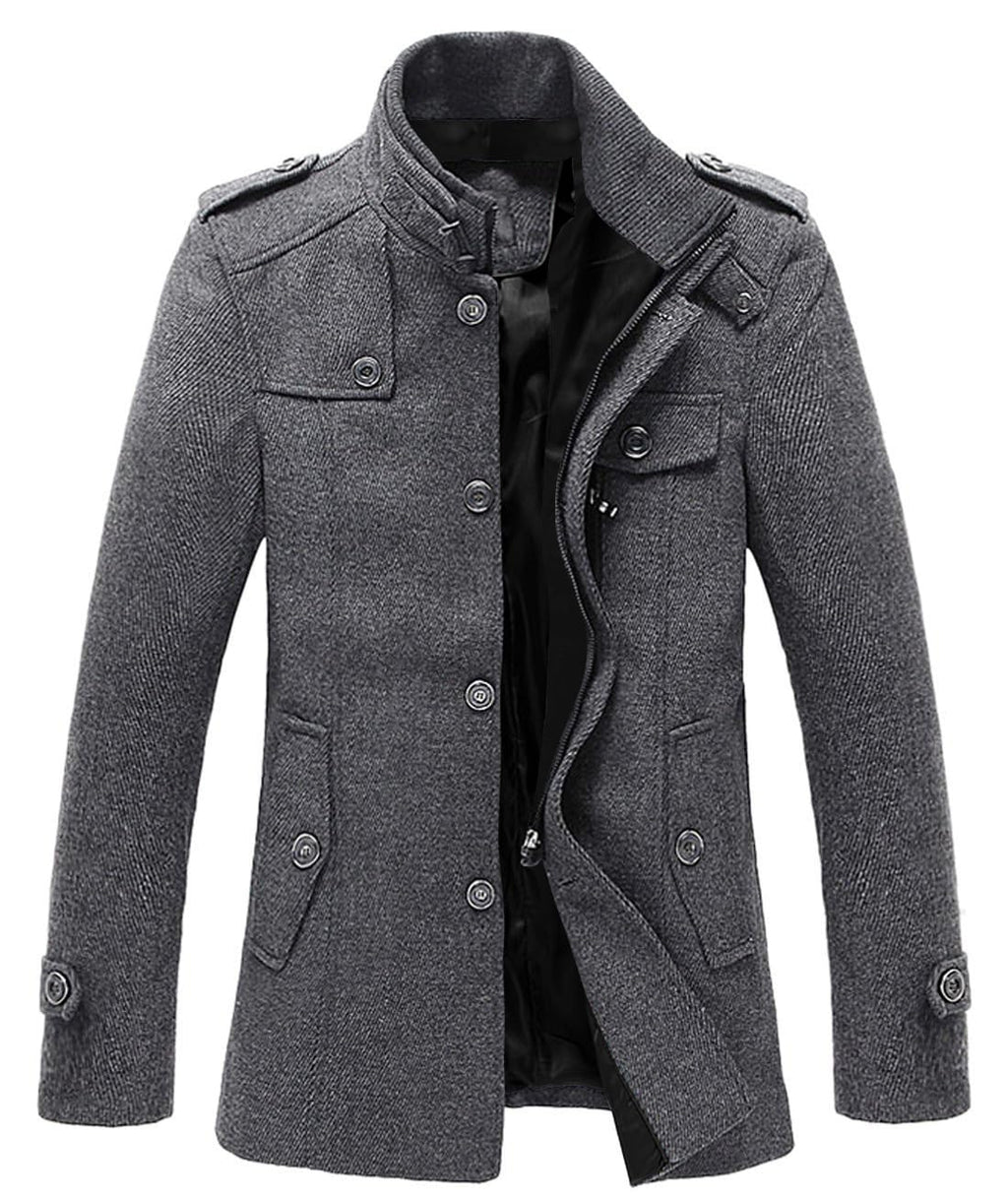 chouyatou Men's Winter Stylish Wool Blend Single Breasted Military Peacoat (Small, Gray)