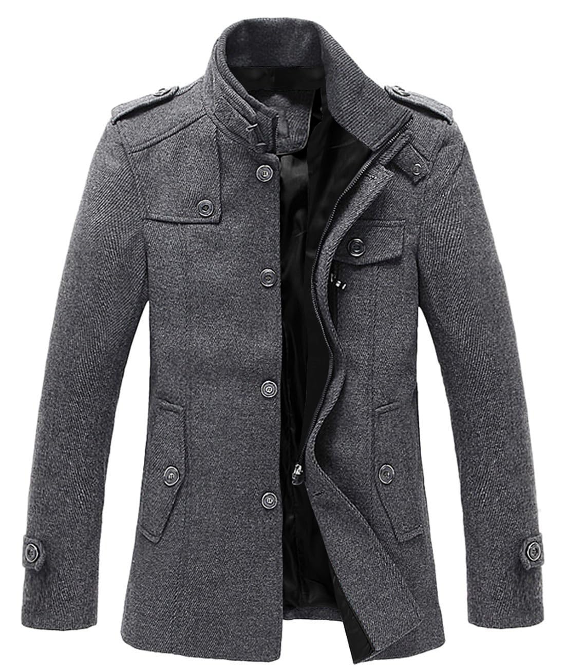 chouyatou Men's Winter Stylish Wool Blend Single Breasted Military Peacoat (Small, Gray)