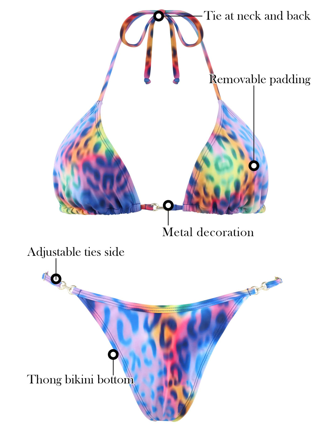 RELLECIGA Women's Thong Bikini Set Triangle Halter Sexy Brazilian Two Piece Swimsuit(Purple Leopard,Large