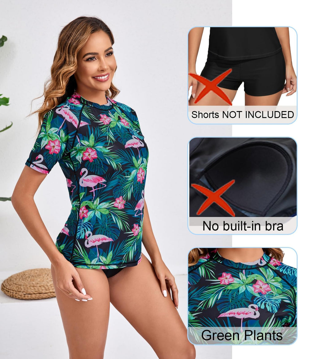 Halcurt Women's Short Sleeve Swim Shirt Rash Guard Swimsuit Top Only UPF50+ Sun Protection Bathing Suit Green Leaves Pink Floral Flamingo M