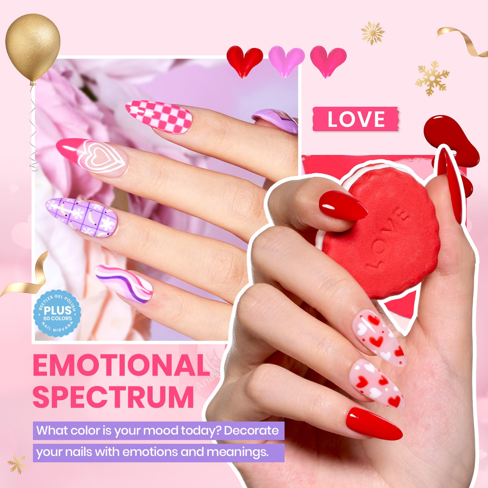 Beetles Gel Nail Polish Set - Emotional Spectrum 69PCS 60 Colors Gel Polish Kit Base Coat Glossy & Matte Top Coat UV Led Soak off Collection Brown Red Black Nude White Valentines Gifts for Women