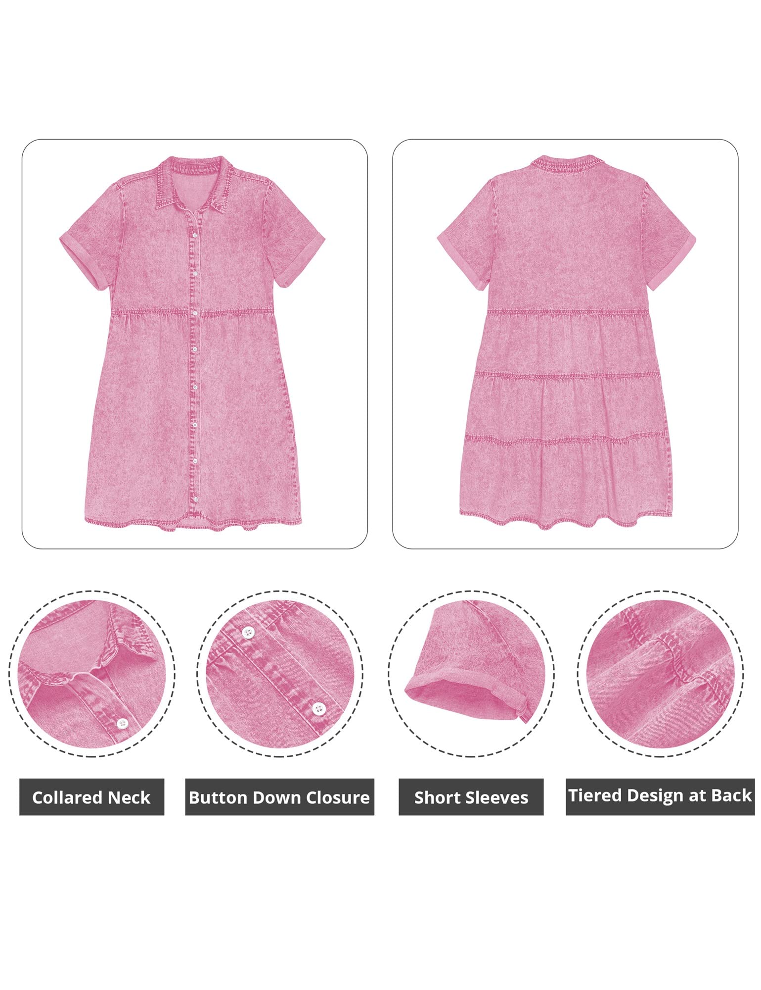 GRAPENT Women's Jean Dresses for Women Blue Jean Dresses for Women Casual Denim Dress for Summer Shirt Denim Dress for Beach Summer Dresses for Spring Fall Aurora Pink Large Size 12 Size 14