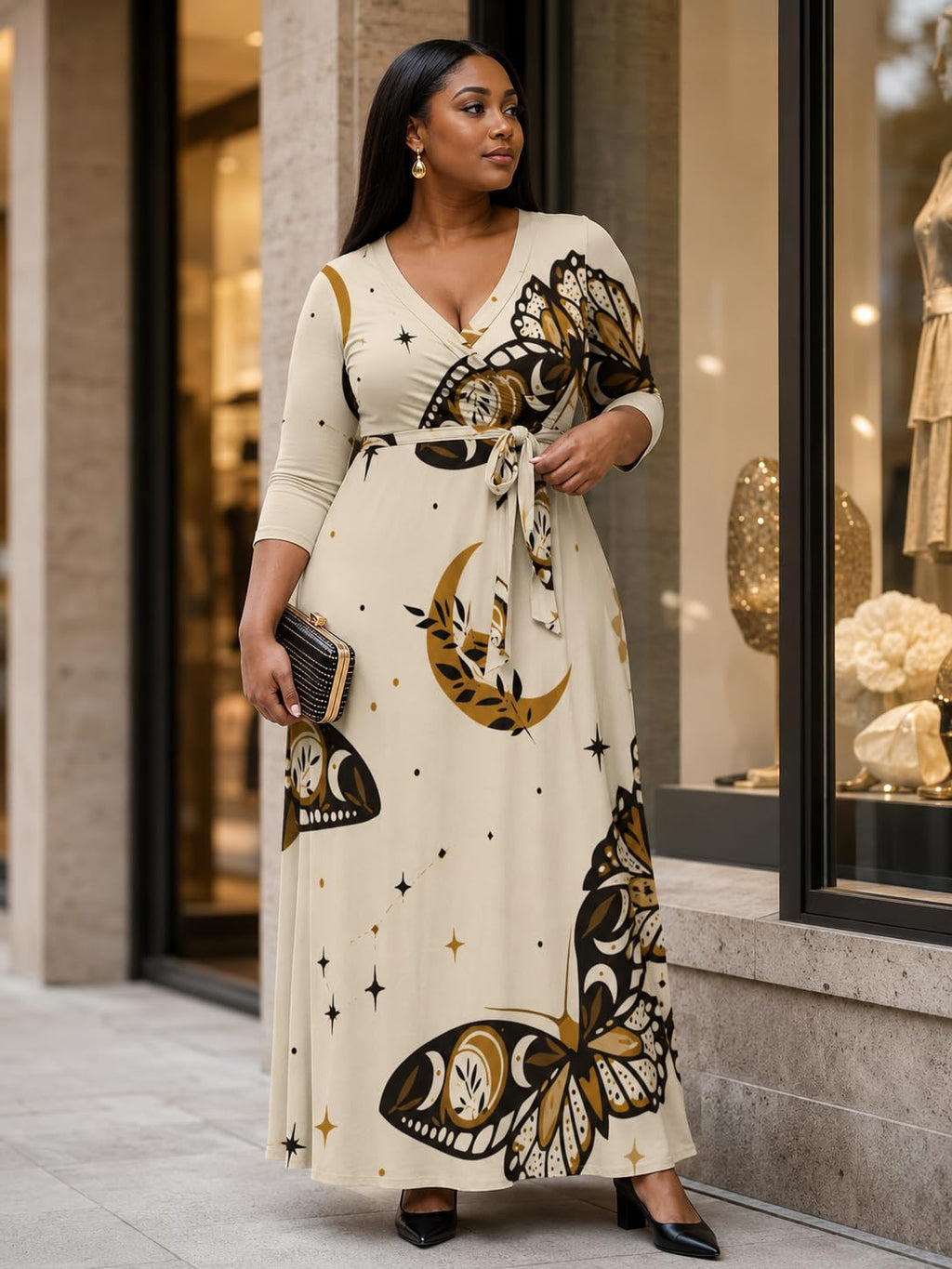 Plus Size Maxi Dress for Women Sexy V Neck 3/4 Sleeve Long Party Dresses with Belt Butterfly 2XL