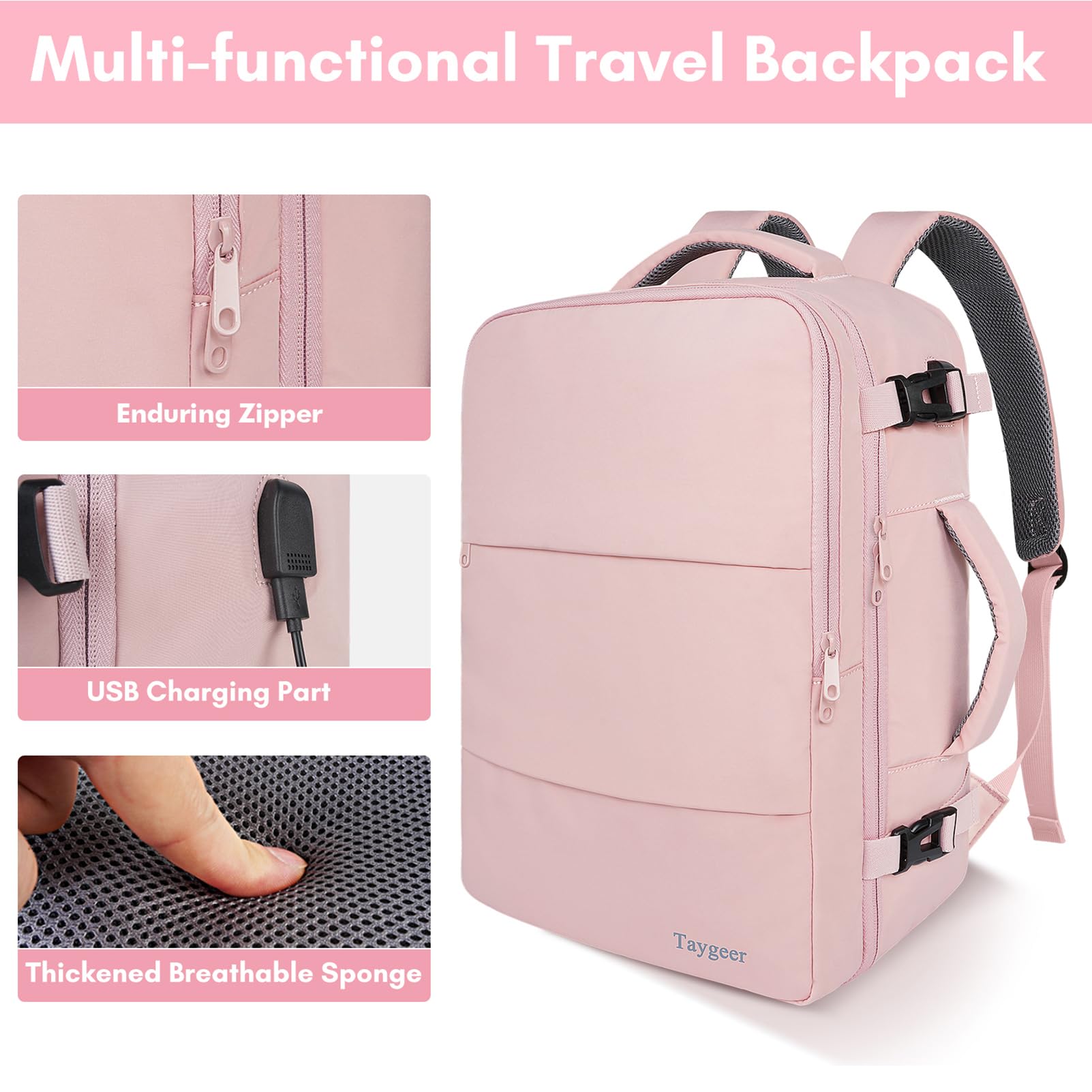 Taygeer Travel Backpack for Women, Carry On Backpack with Water Bottle Pocket & Shoe Pouch, TSA 15.6inch Laptop Mochila Flight Approved, Nurse Bag Casual Daypack for Weekender Business Hiking, Pink