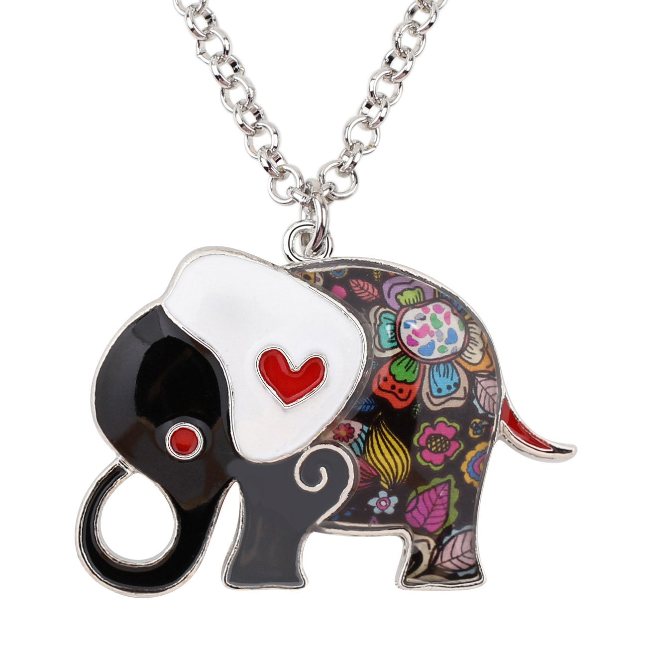 BONSNY Enamel Alloy Floral Heart Lover Elephant Necklace Pendant For Women Lucky Gift (Grey)