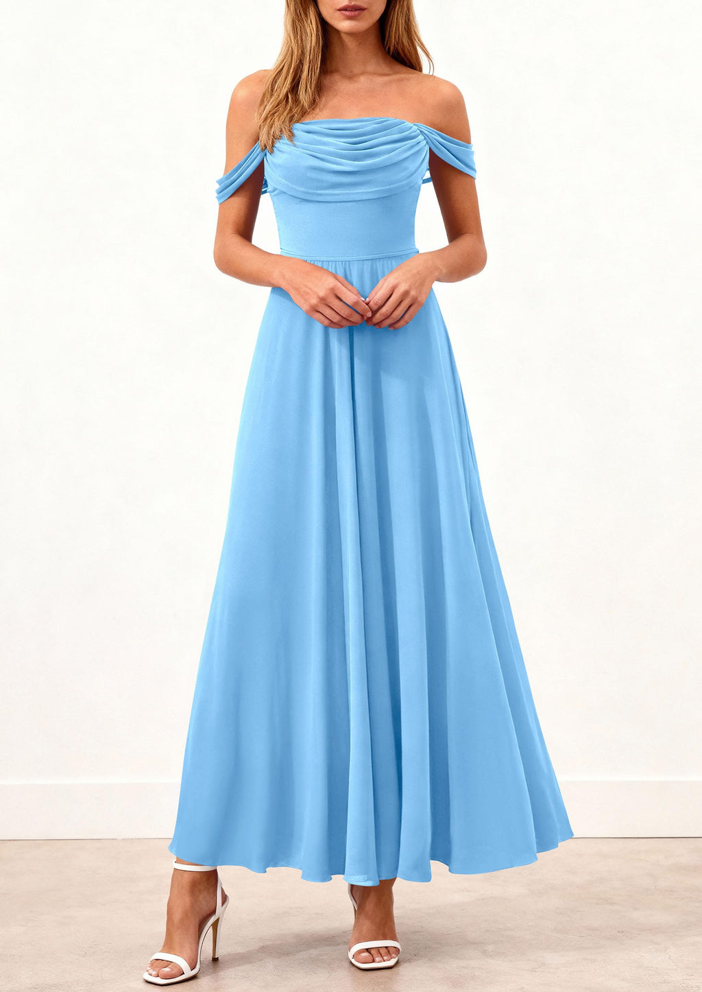PRETTYGARDEN Womens Off Shoulder Maxi Summer Dresses 2026 Elegant Mesh Aline Swing Ruched Flowy Cocktail Wedding Guest Dress (Light Blue,Small)