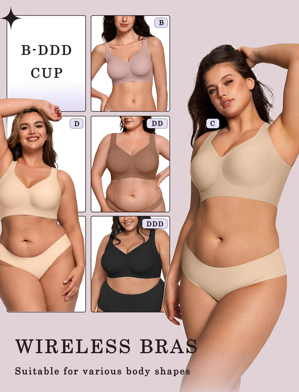 OEAK Womens Wireless Jelly Bra Plus Size Supportive Seamless Bras Full Coverage Push Up Comfortable No Underwire Tshirt Bras Creamy Beige L