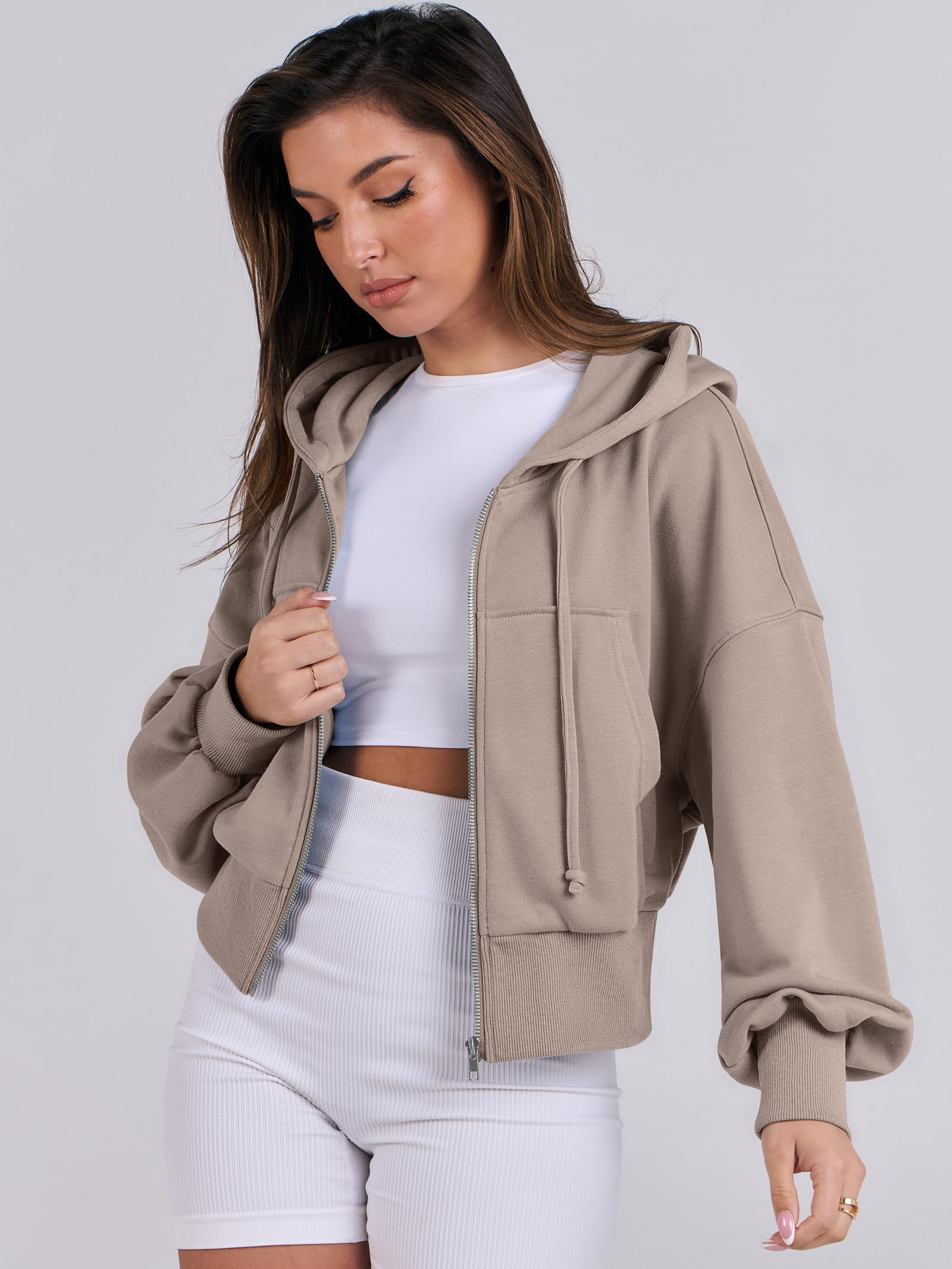ANRABESS Womens Zip Up Hoodies Cropped Sweatshirts Casual Comfy Cute Zip Jackets Fashion Trendy Fall Outfits 2026 Y2K Clothes Khaki Medium
