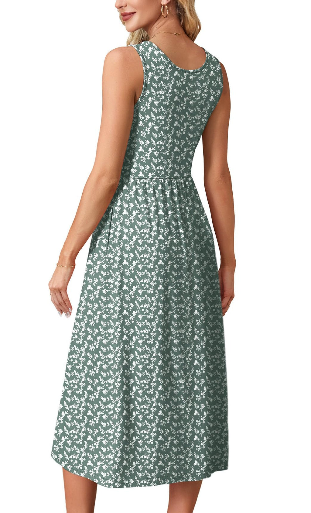 WIHOLL Casual Dresses for Women Sleeveless Scoop Neck Flowy Spring Midi Dresses for Women Sun Dress Beach Vacation Maxi Summer Dress Sundresses for Women 2026 Green Floral M