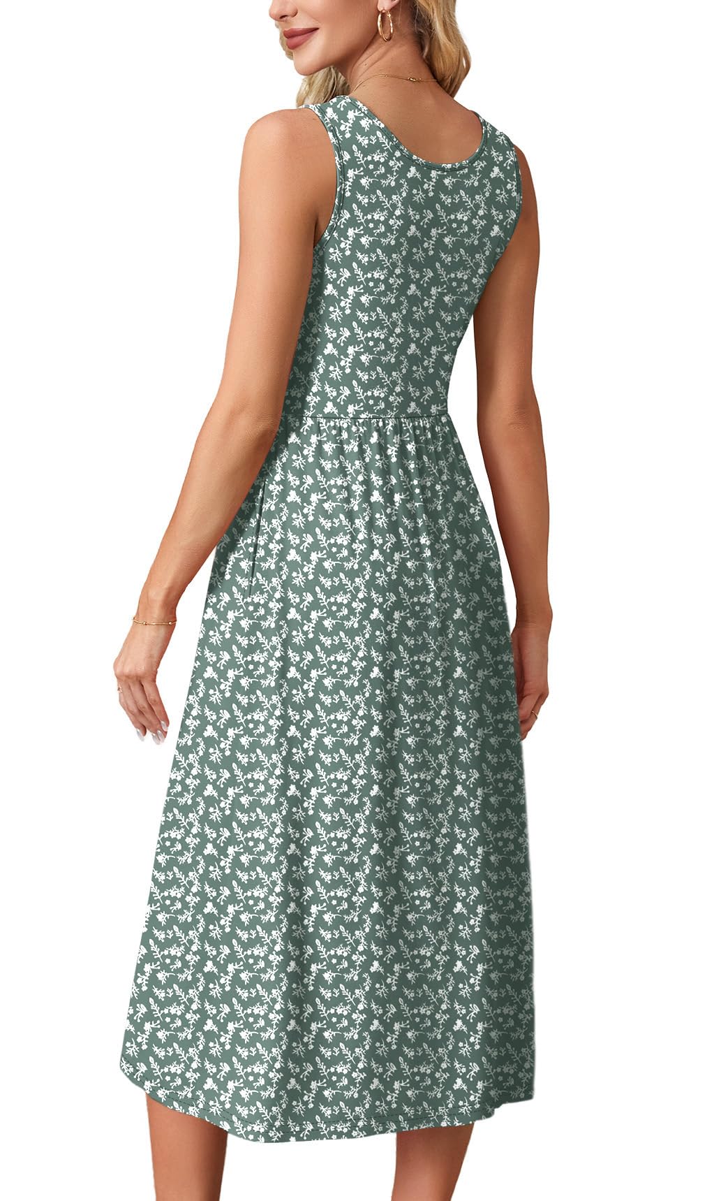 WIHOLL Casual Dresses for Women Sleeveless Scoop Neck Flowy Spring Midi Dresses for Women Sun Dress Beach Vacation Maxi Summer Dress Sundresses for Women 2026 Green Floral M