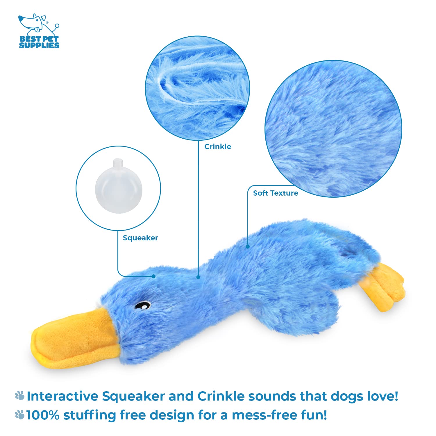 Best Pet Supplies Interactive Squeaky Dog Chew Toy, Ideal Dog Toys for Chewers, Small, Medium & Large Dogs, and Fetch Lovers - Crinkle Duck (Blue), Large