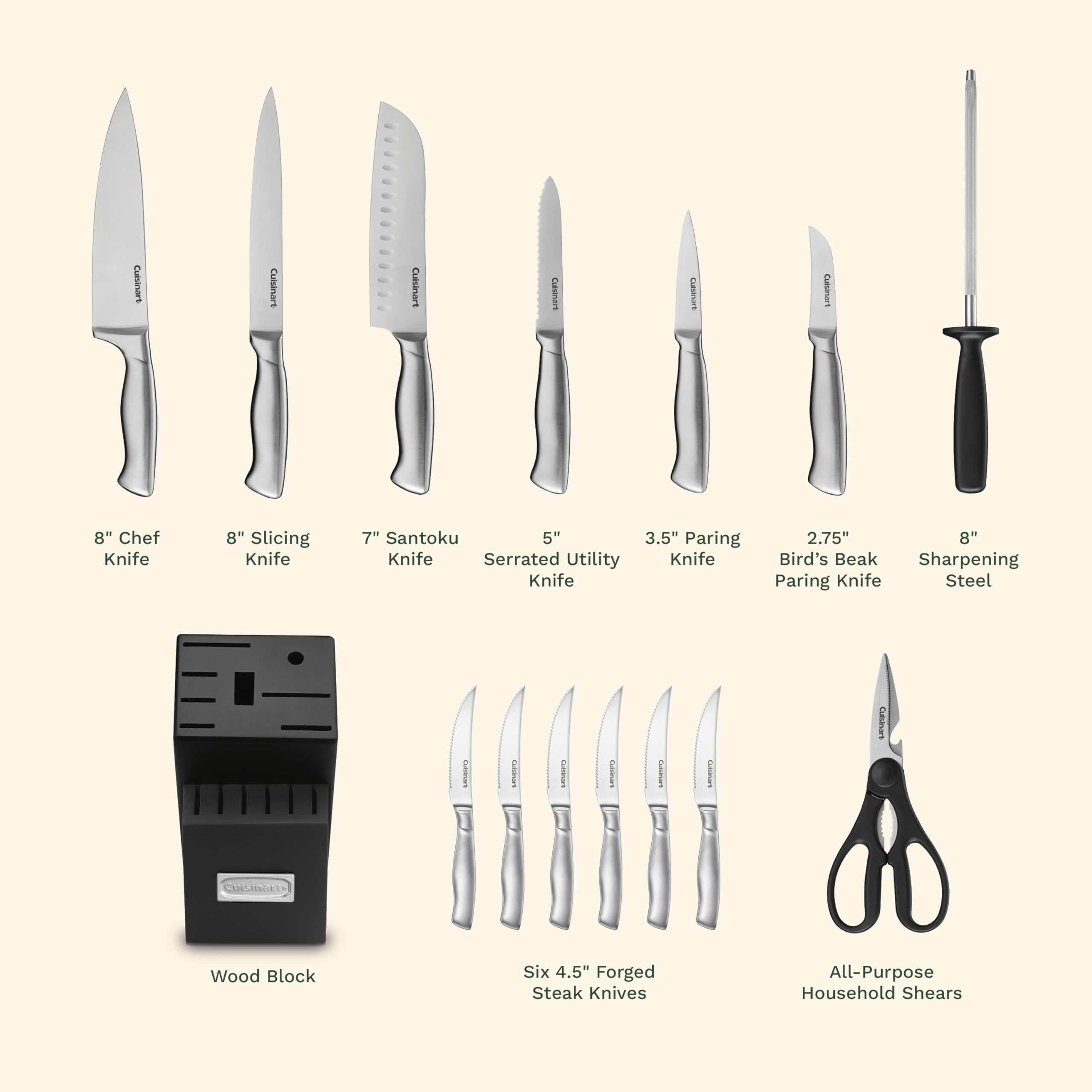 Cuisinart Stainless Steel Hollow Handle 15-Piece Cutlery Block Set, Kitchen Knife Set with Steel Blades for Precise Cutting, Durable Knives with Ergonomic Handles, C77SS-15PK