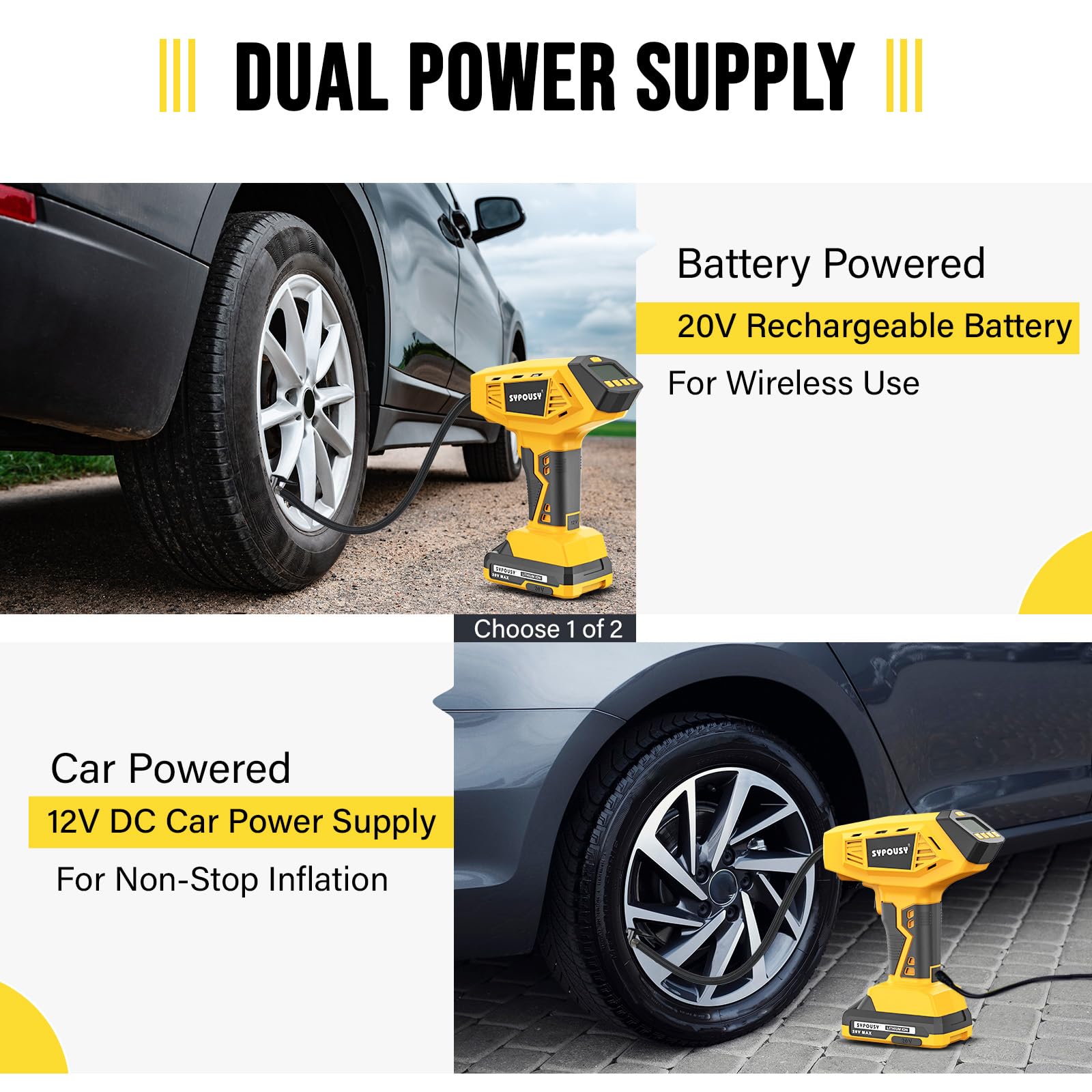 Tire Inflator Portable Air Compressor - 4X Faster Inflation, 160PSI Cordless Tire Pump with Dual Power (20V Battery & 12V DC), Auto Shut Off, Digital Gauge for Car, Motorcycle, E-Bike